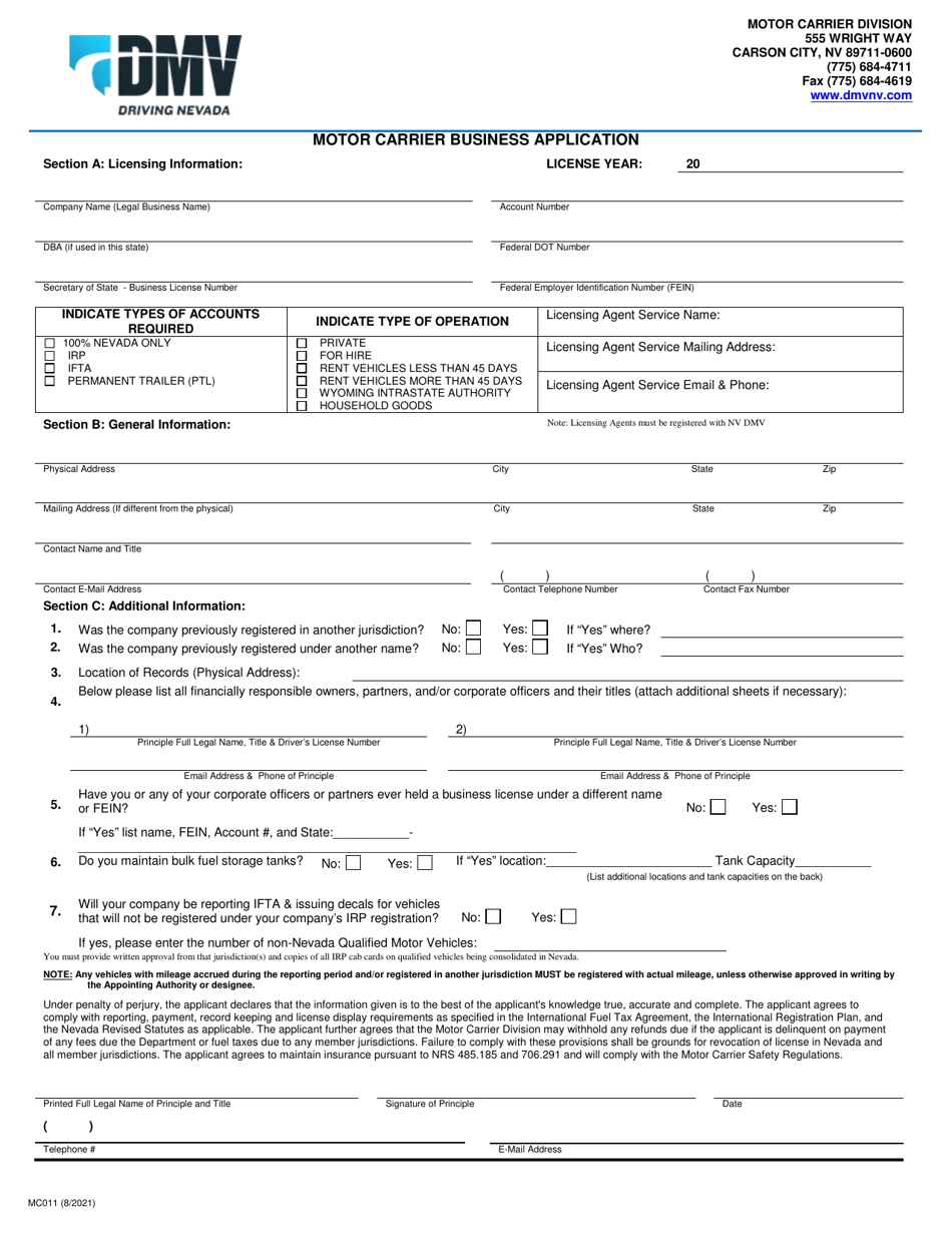 Form MC011 Motor Carrier Business Application - Nevada, Page 1