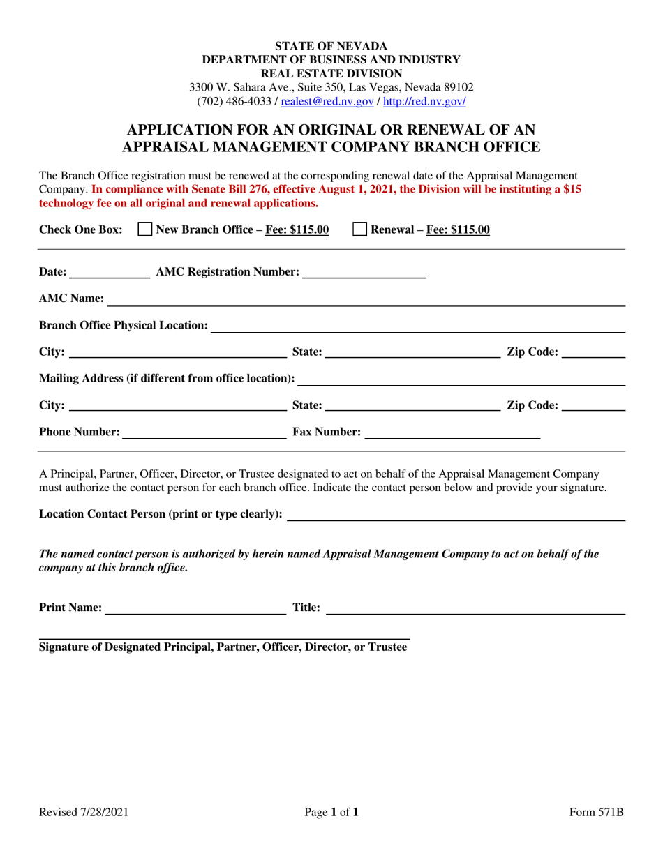 Form 571B Application for an Original or Renewal of an Appraisal Management Company Branch Office - Nevada, Page 1