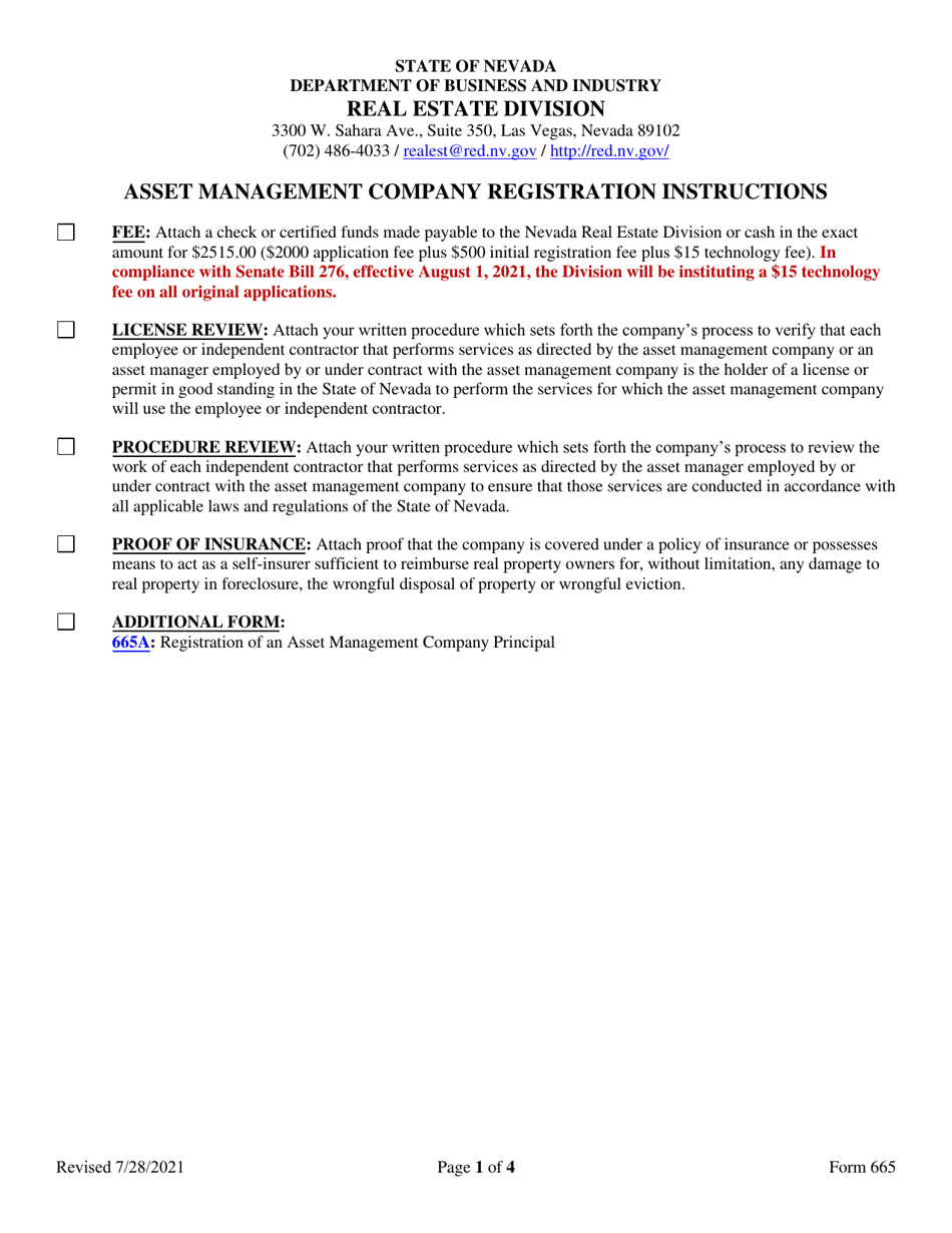 Form 665 Asset Management Company Registration Form - Nevada, Page 1