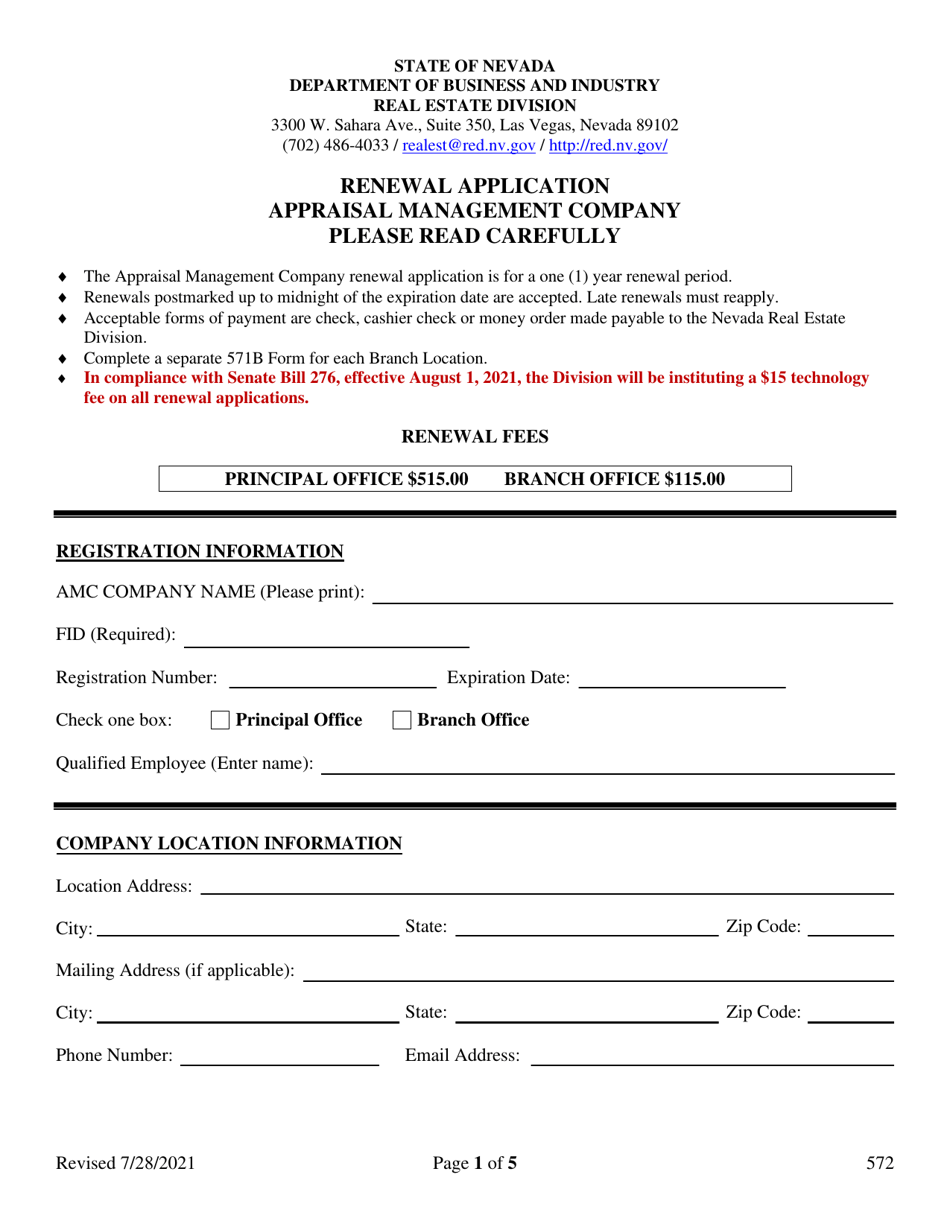Form 572 Appraisal Management Company Renewal Form - Nevada, Page 1