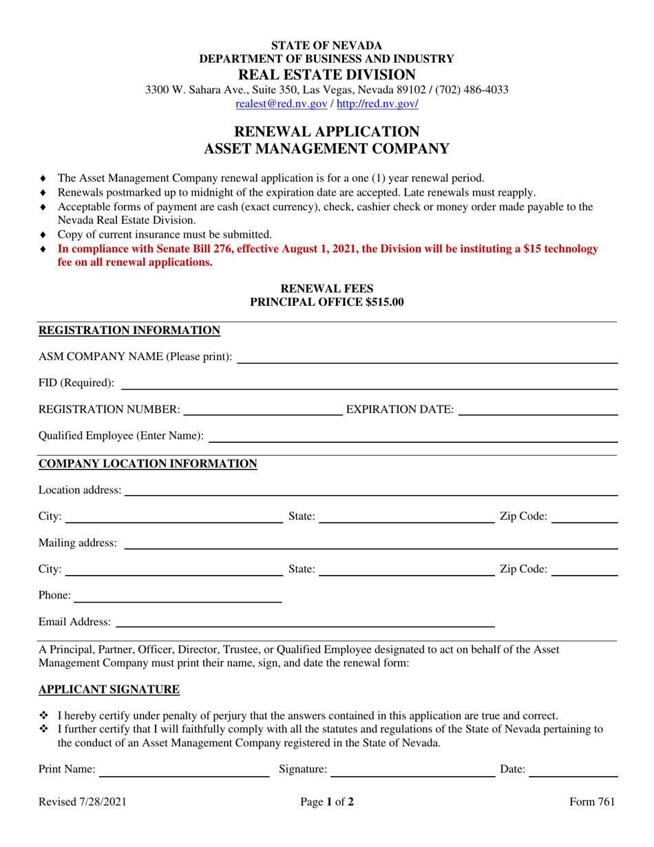 Form 761 Application for Renewal of Asset Management Company - Nevada, Page 1