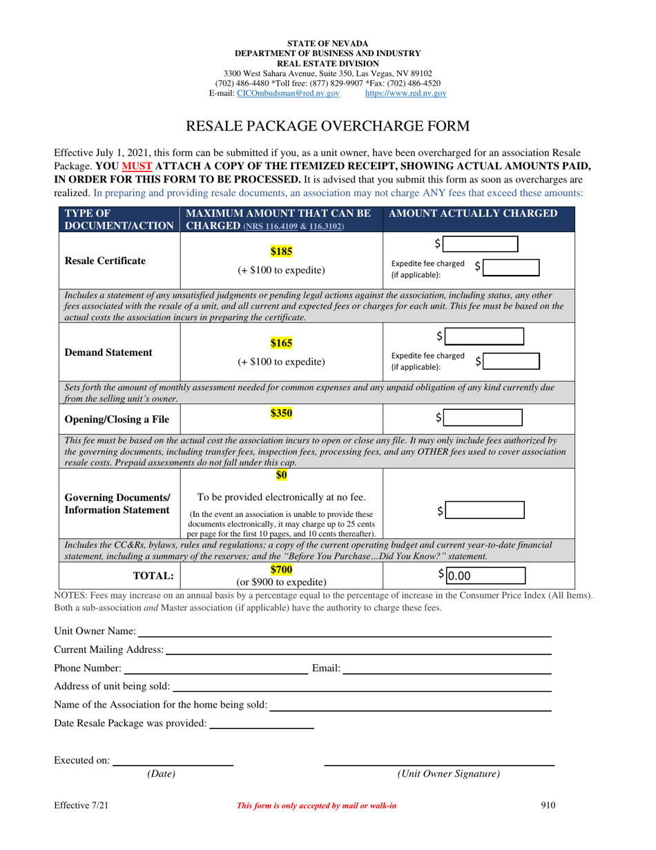 Form 910 Resale Package Overcharge Form - Nevada, Page 1