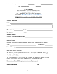 Document preview: Form 638 Request for Record of Complaints - Nevada