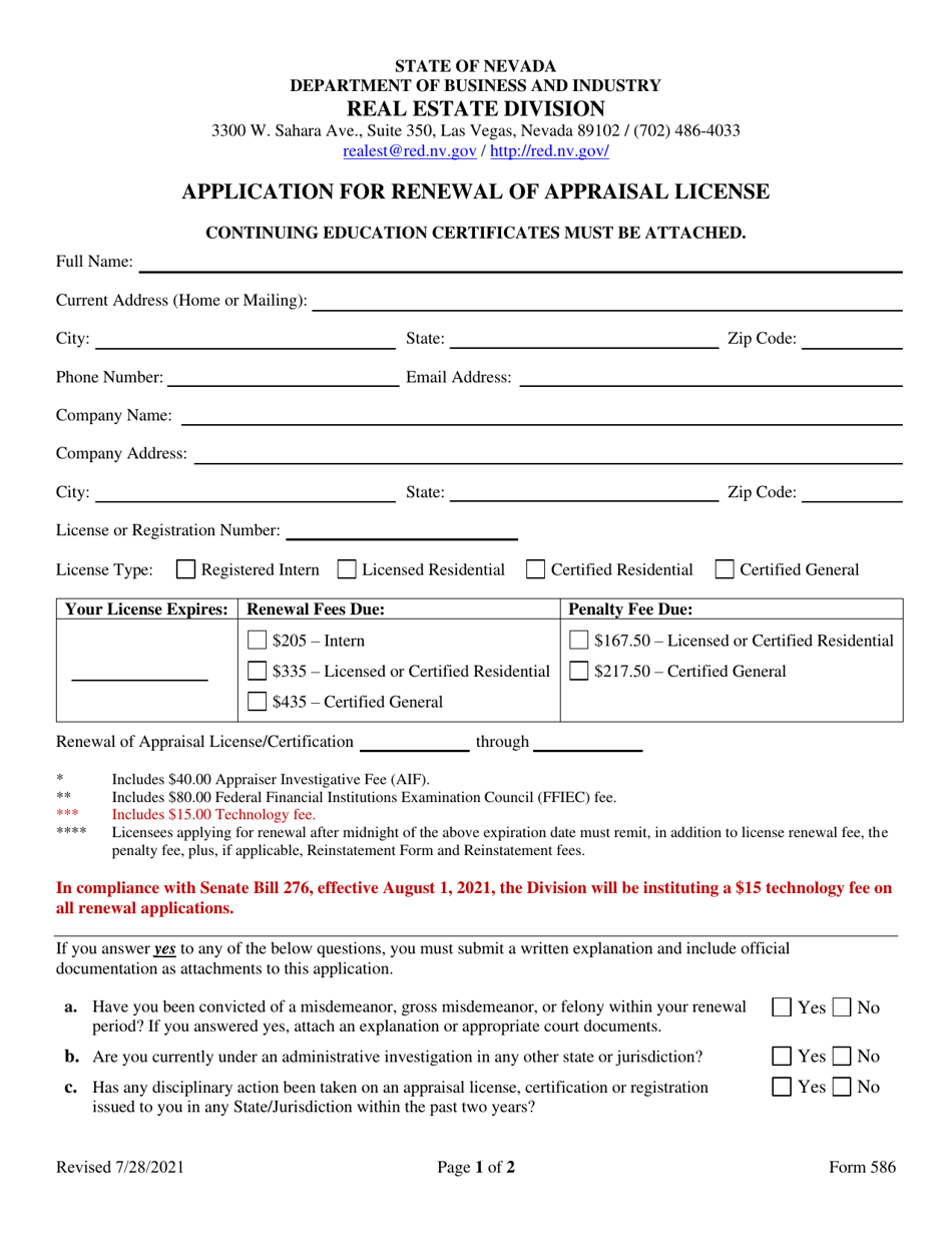 Form 586 Application for Renewal of Appraisal License - Nevada, Page 1