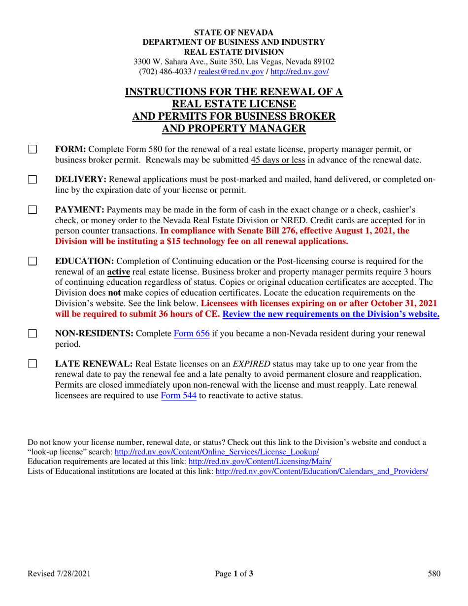 Form 580 Application for Renewal of Real Estate License - AND PERMITS FOR BUSINESS BROKER AND PROPERTY MANAGER, Nevada, Page 1