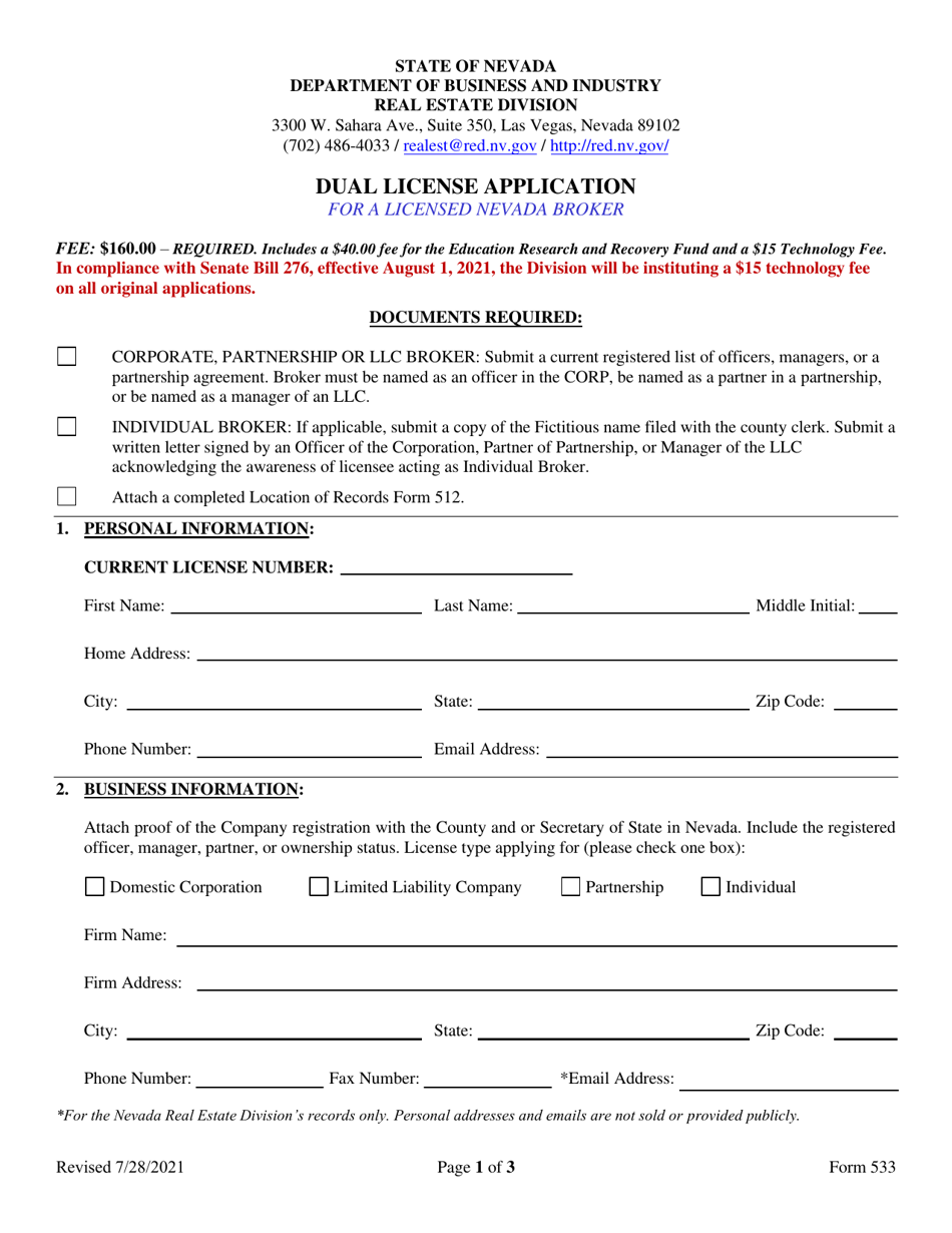 Form 533 Dual License Application - Nevada, Page 1