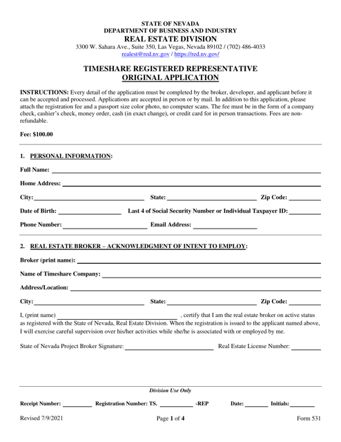 Form 531 Timeshare Registered Representative Original Application - Nevada
