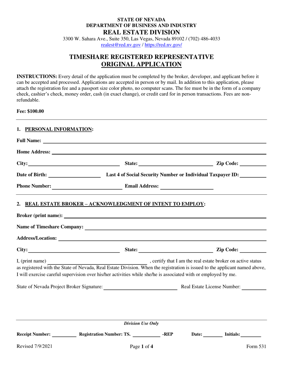 Form 531 Timeshare Registered Representative Original Application - Nevada, Page 1