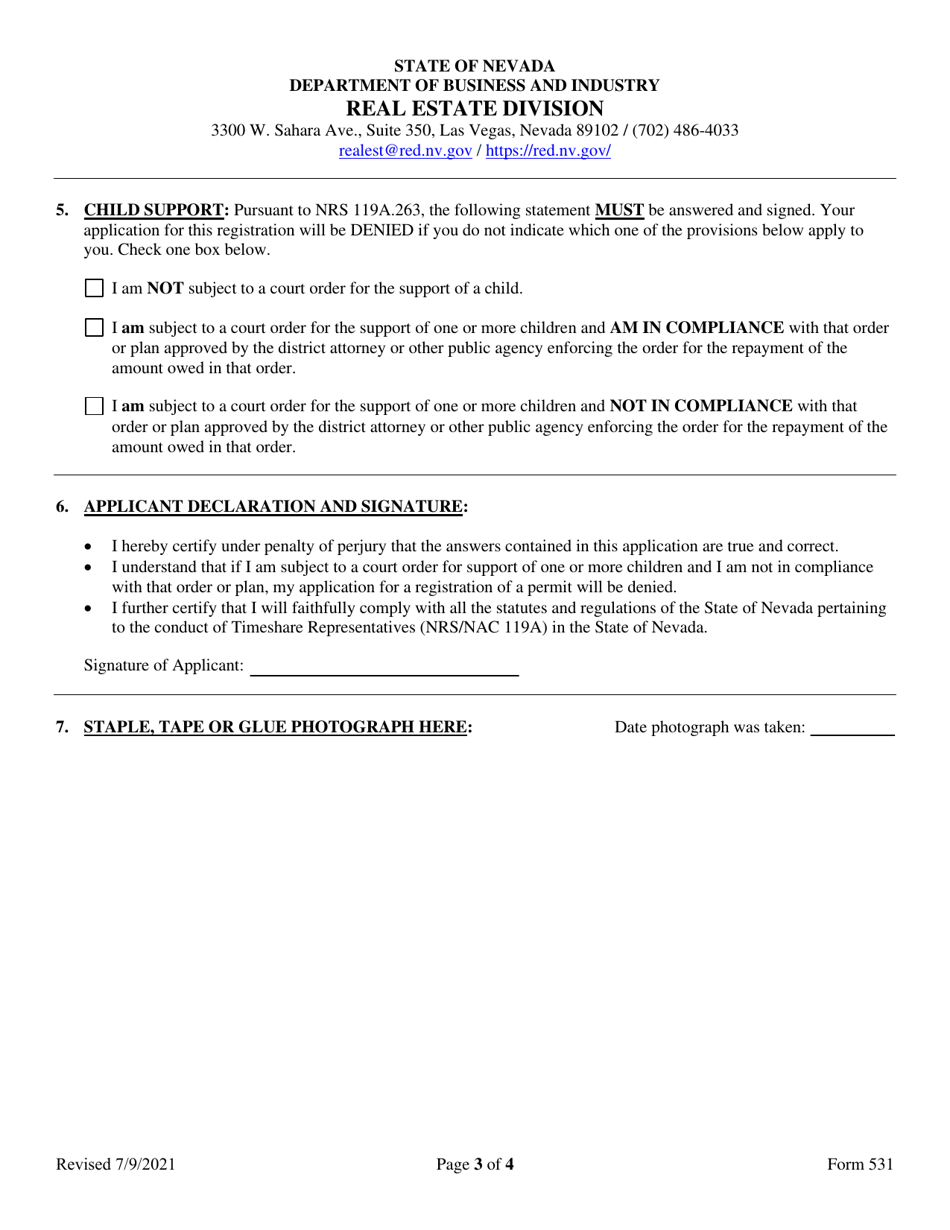 Form 531 Timeshare Registered Representative Original Application - Nevada, Page 3