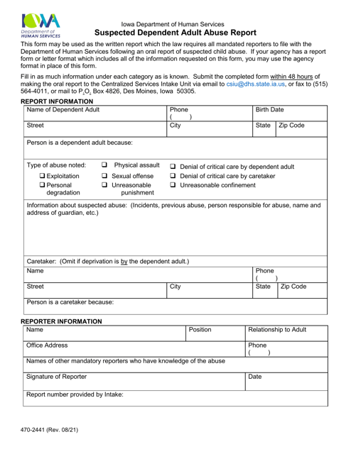 Form 470-2441 Suspected Dependent Adult Abuse Report - Iowa