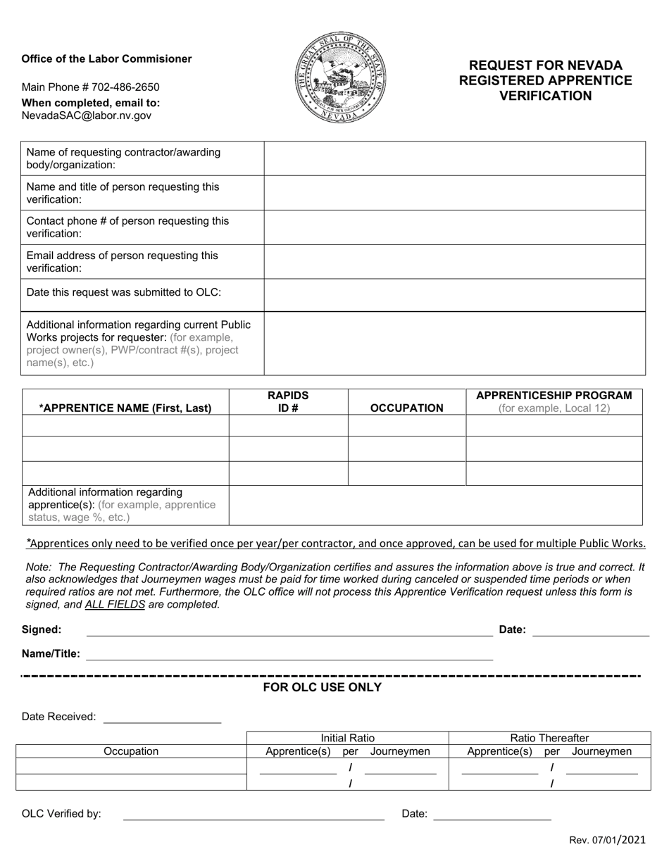 Request for Nevada Registered Apprentice Verification - Nevada, Page 1