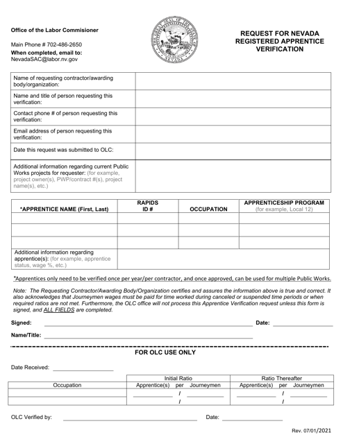 Request for Nevada Registered Apprentice Verification - Nevada