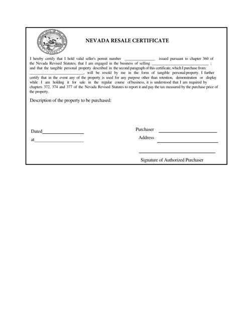 Nevada Resale Certificate - Nevada Download Pdf