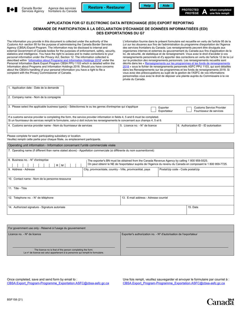 Form BSF158 Application for G7 Electronic Data Interchange (Edi) Export Reporting - Canada (English / French), Page 1