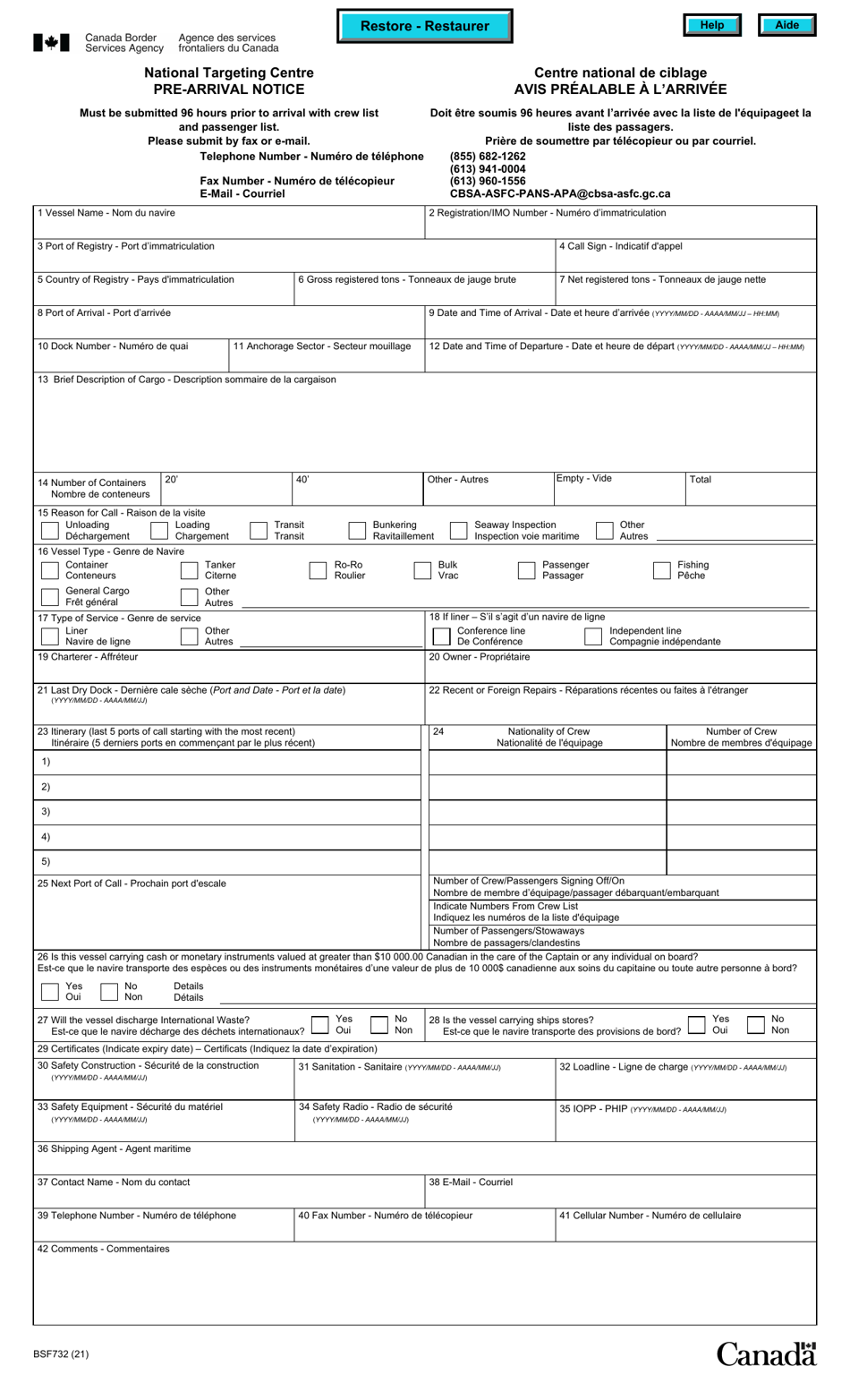 Form BSF732 National Targeting Centre - Pre-arrival Notice - Canada (English / French), Page 1