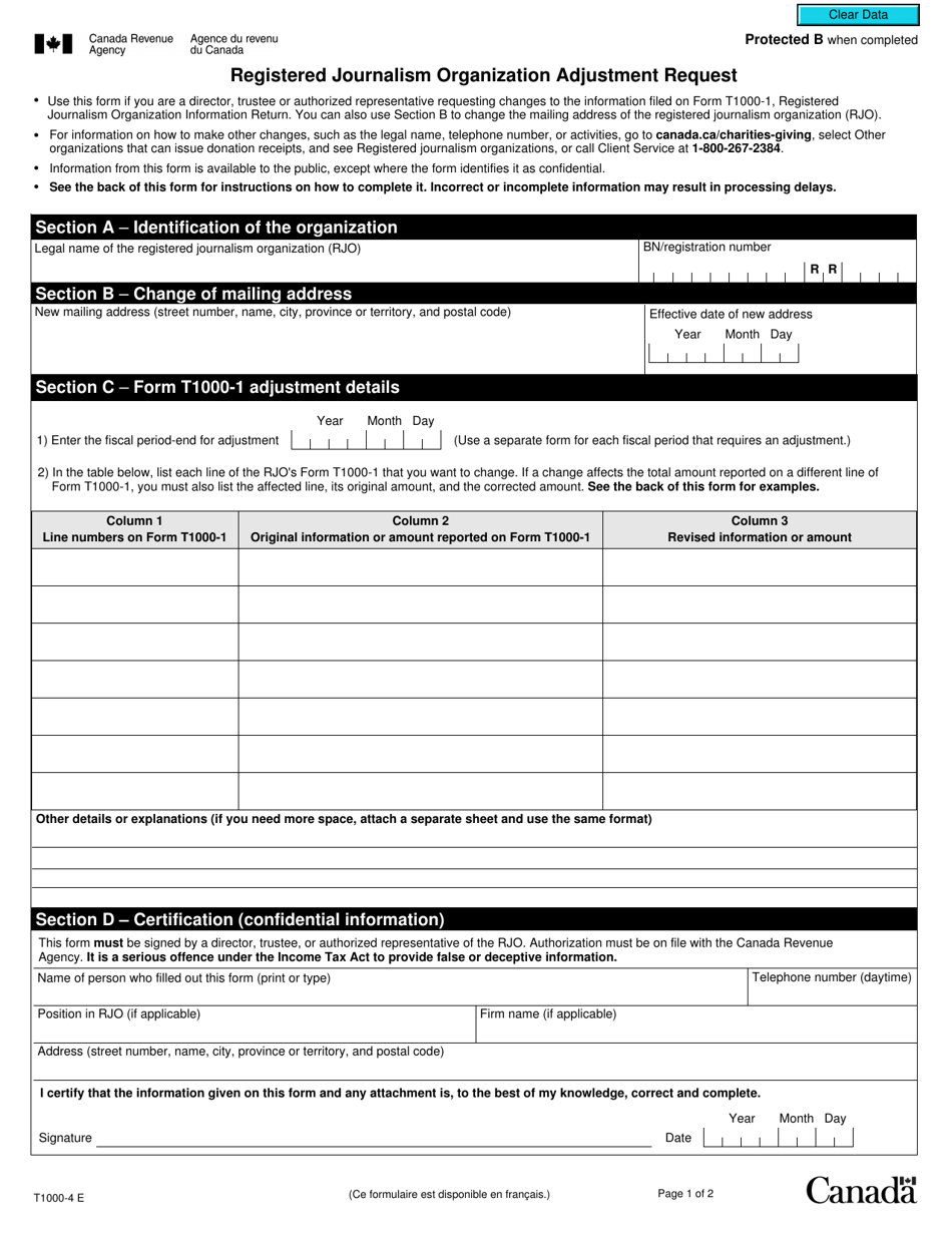 Form T1000-4 Registered Journalism Organization Adjustment Request - Canada, Page 1