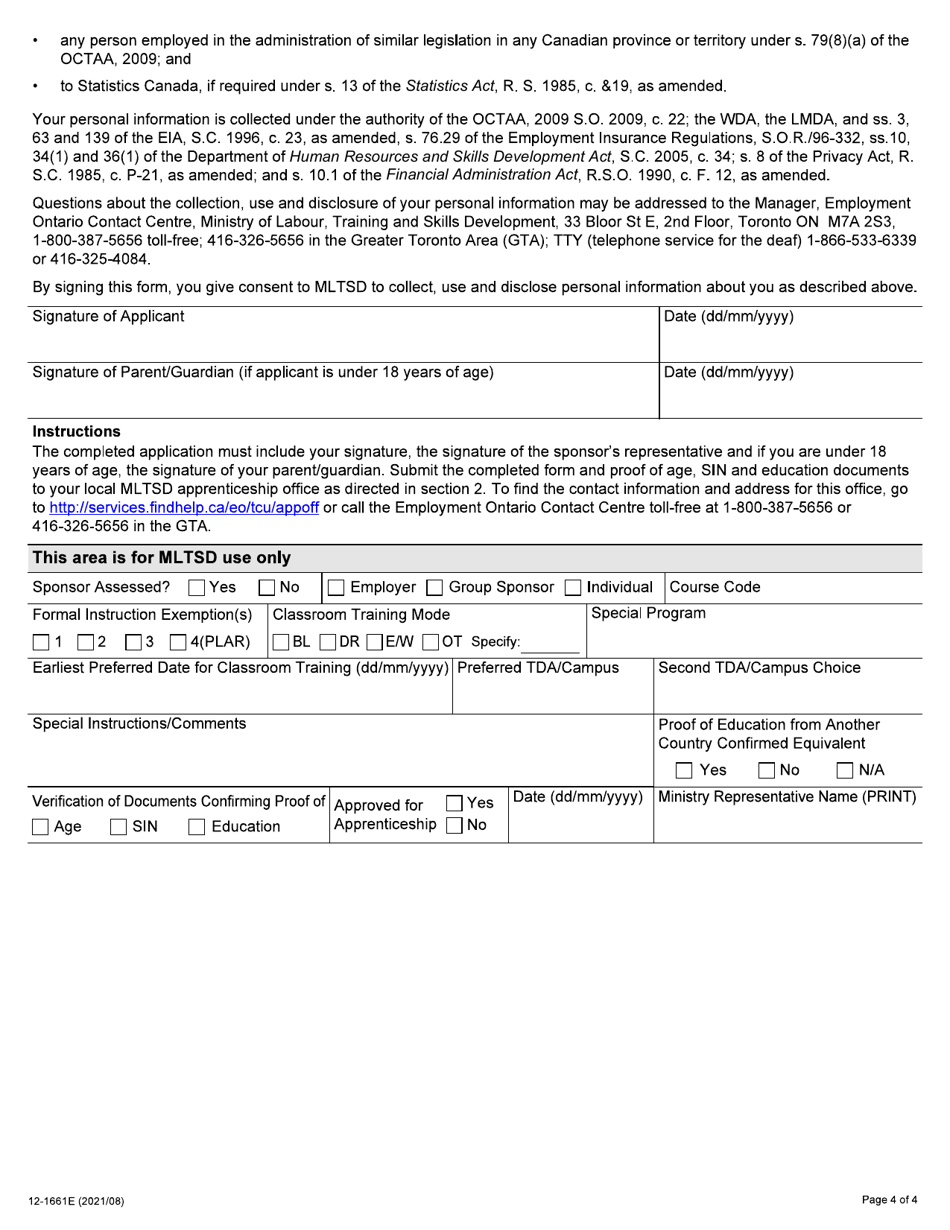 Form 12-1661E Application for Apprenticeship Training - Ontario, Canada, Page 4