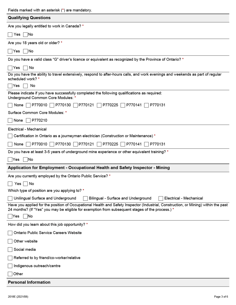 Form 2018E Application for Employment Occupational Health and Safety Inspector - Mining - Ontario, Canada, Page 3