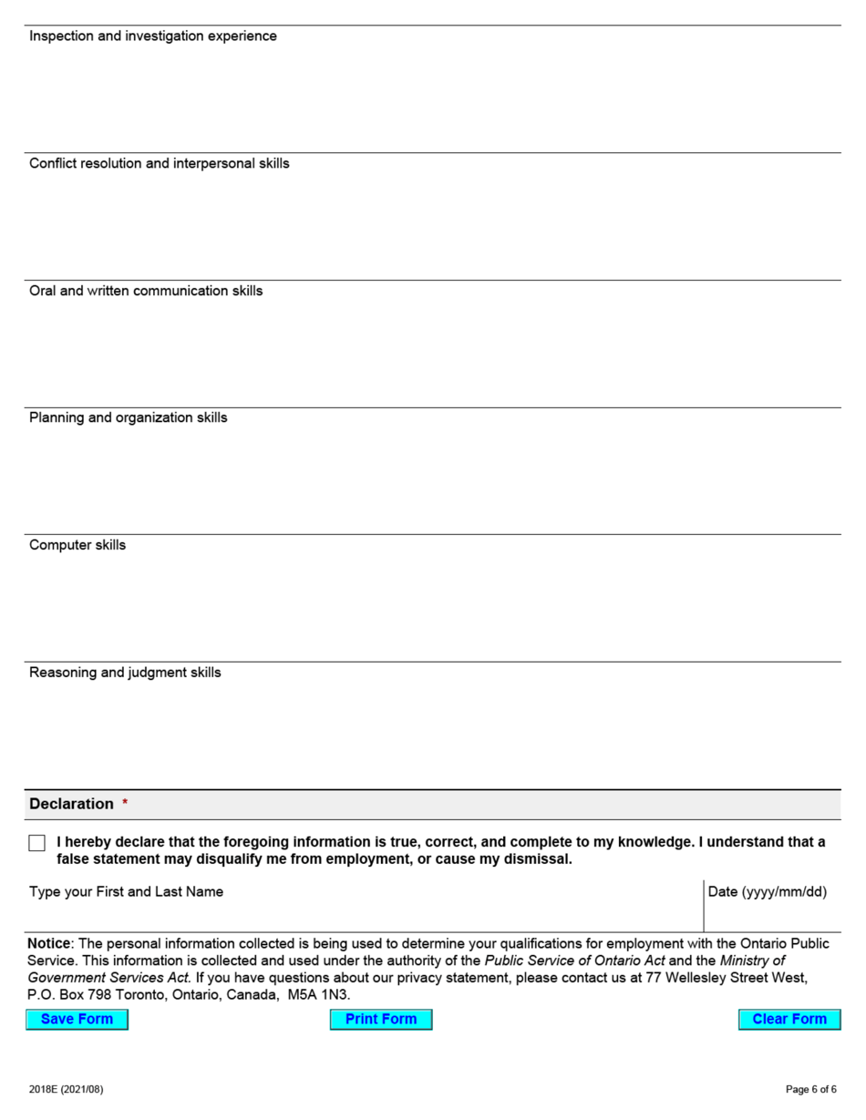 Form 2018E Application for Employment Occupational Health and Safety Inspector - Mining - Ontario, Canada, Page 6