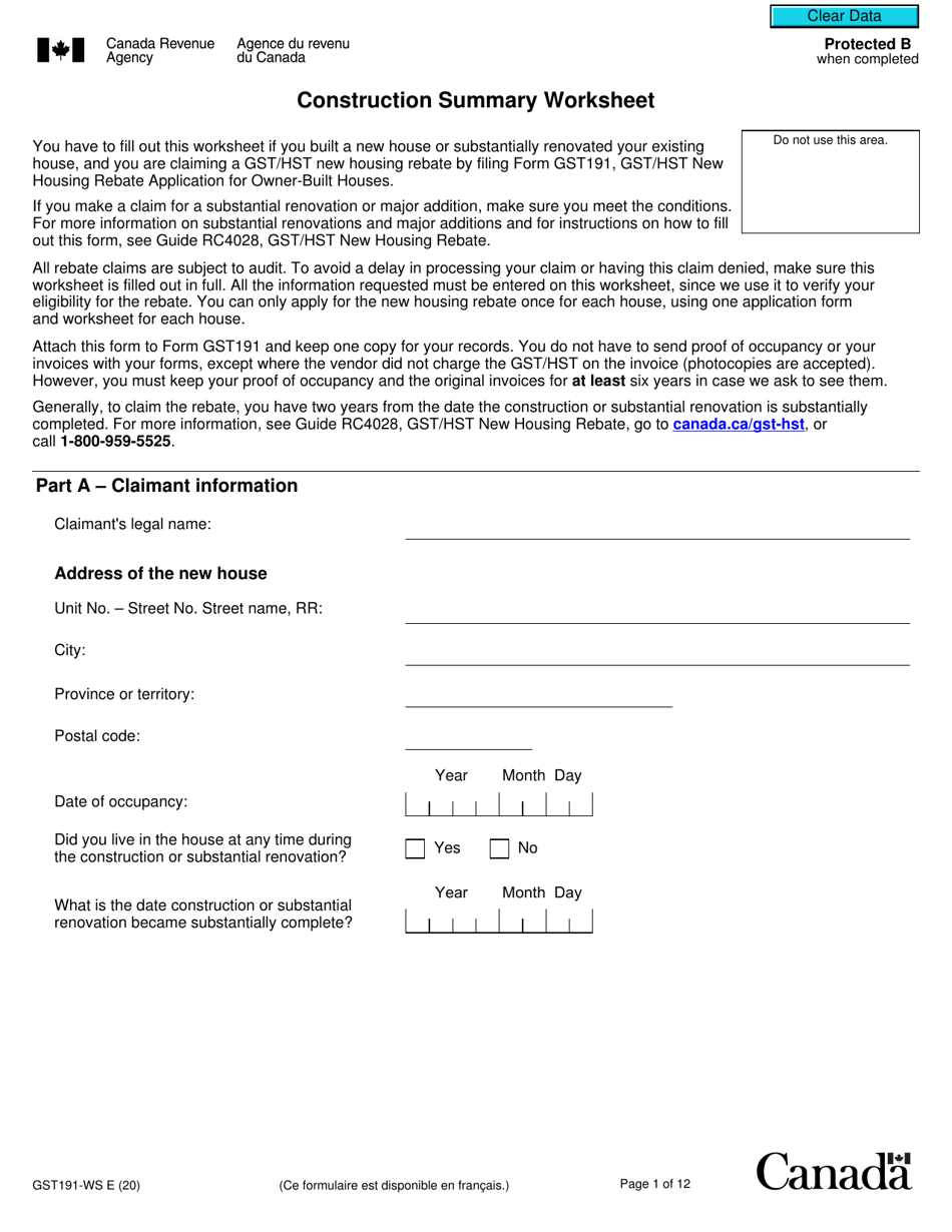 Form GST191-WS Construction Summary Worksheet - Canada, Page 1