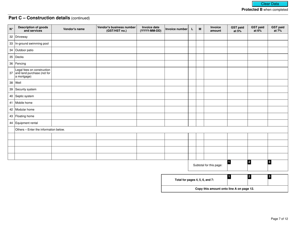 Form GST191-WS Construction Summary Worksheet - Canada, Page 7