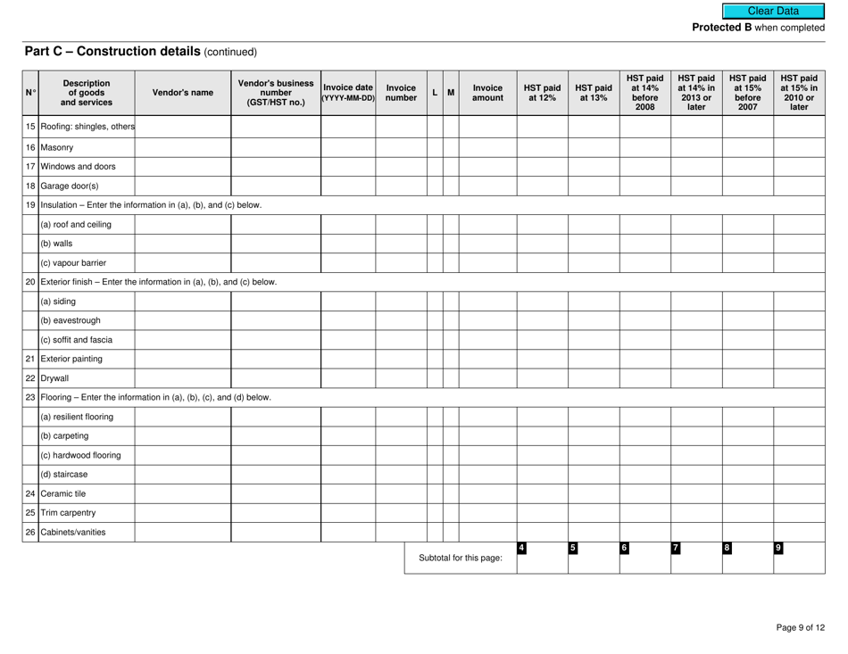 Form GST191-WS Construction Summary Worksheet - Canada, Page 9