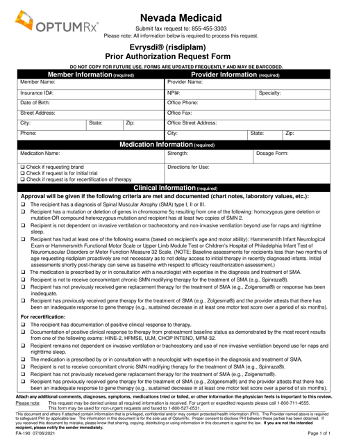 Form FA-190 Evrysdi (Risdiplam) Prior Authorization Request Form - Nevada
