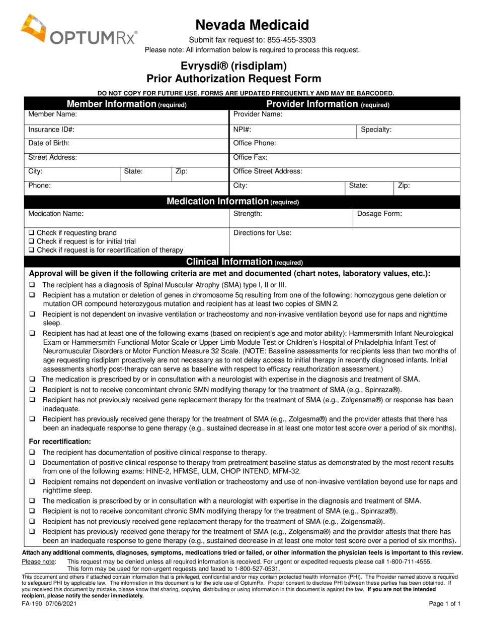 Form FA-190 Evrysdi (Risdiplam) Prior Authorization Request Form - Nevada, Page 1