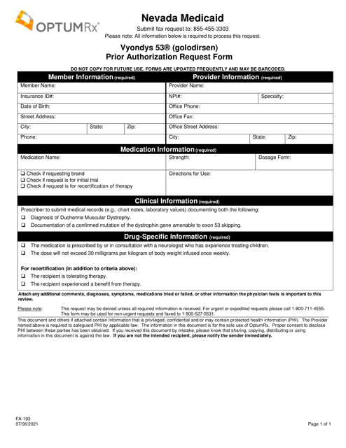 Form FA-193 Vyondys 53 (Golodirsen) Prior Authorization Request Form - Nevada