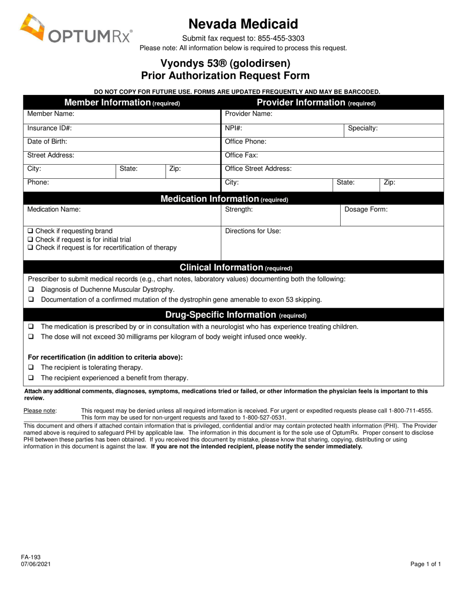 Form FA-193 Vyondys 53 (Golodirsen) Prior Authorization Request Form - Nevada, Page 1