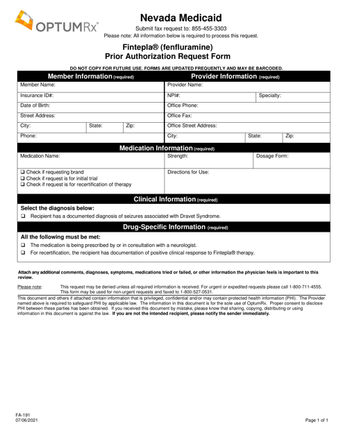 Form FA-191 Fintepla (Fenfluramine) Prior Authorization Request Form - Nevada