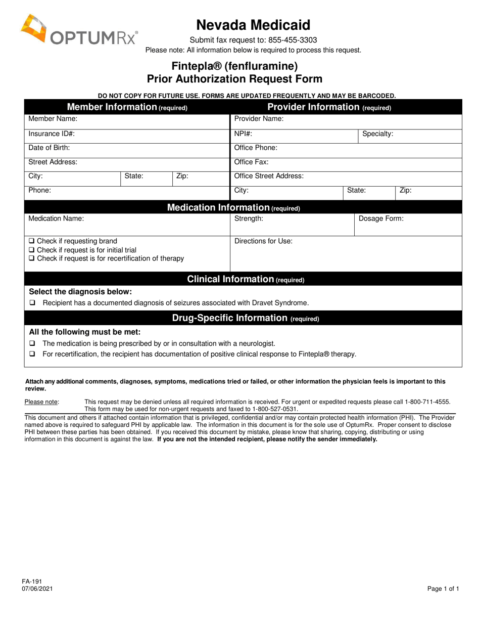 Form FA-191 Fintepla (Fenfluramine) Prior Authorization Request Form - Nevada, Page 1