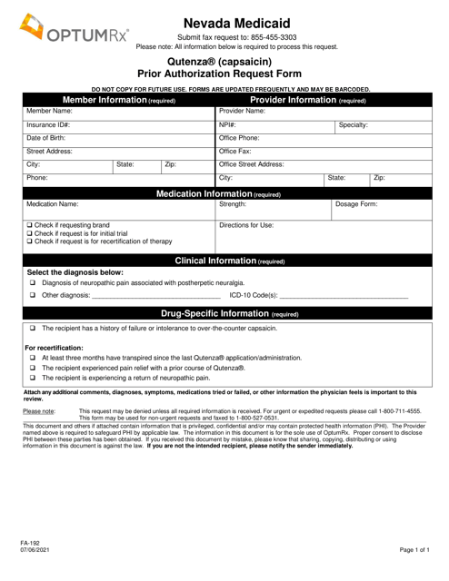 Form FA-192 Qutenza (Capsaicin) Prior Authorization Request Form - Nevada