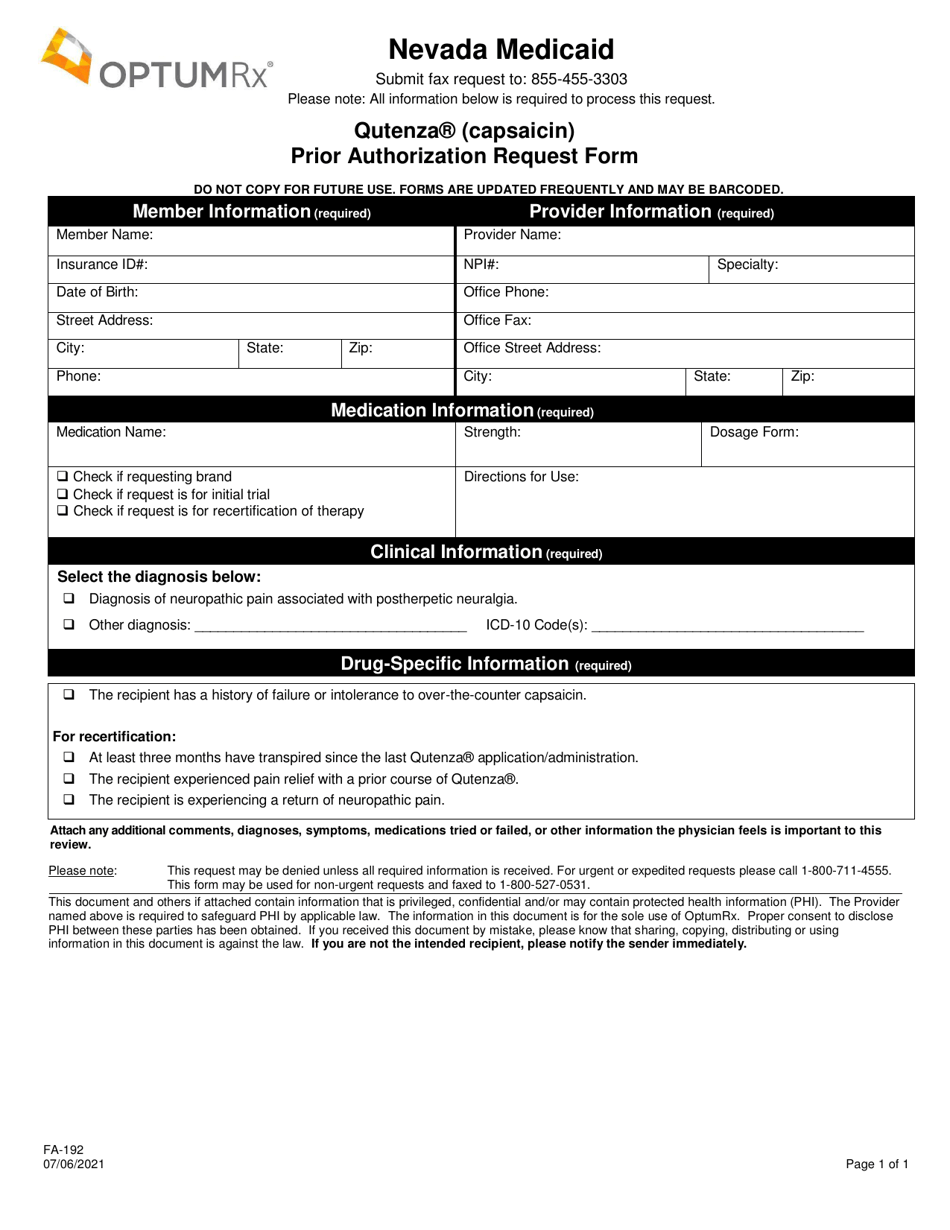 Form FA-192 Qutenza (Capsaicin) Prior Authorization Request Form - Nevada, Page 1