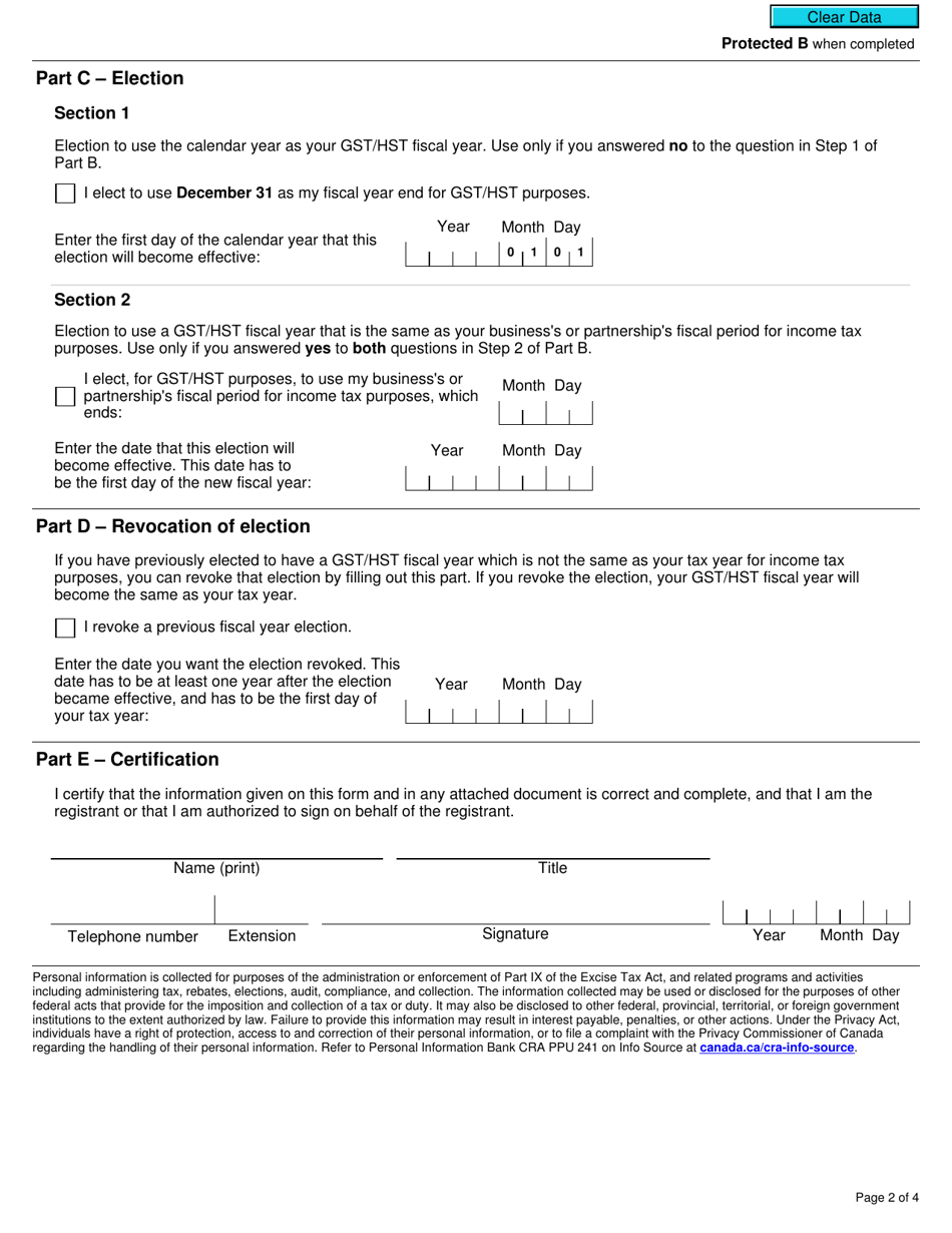 Form GST70 Election or Revocation of an Election to Change a Gst / Hst Fiscal Year - Canada, Page 2
