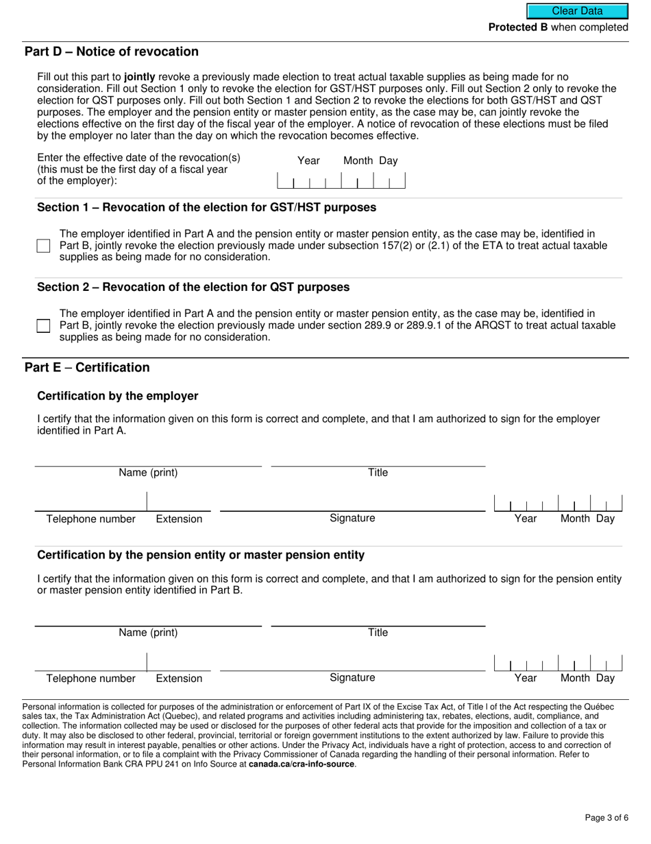 Form RC7215 Elections or Revocation of the Elections to Not Account for Gst / Hst and Qst on Actual Taxable Supplies for Participating Employers That Are Selected Listed Financial Institutions - Canada, Page 3