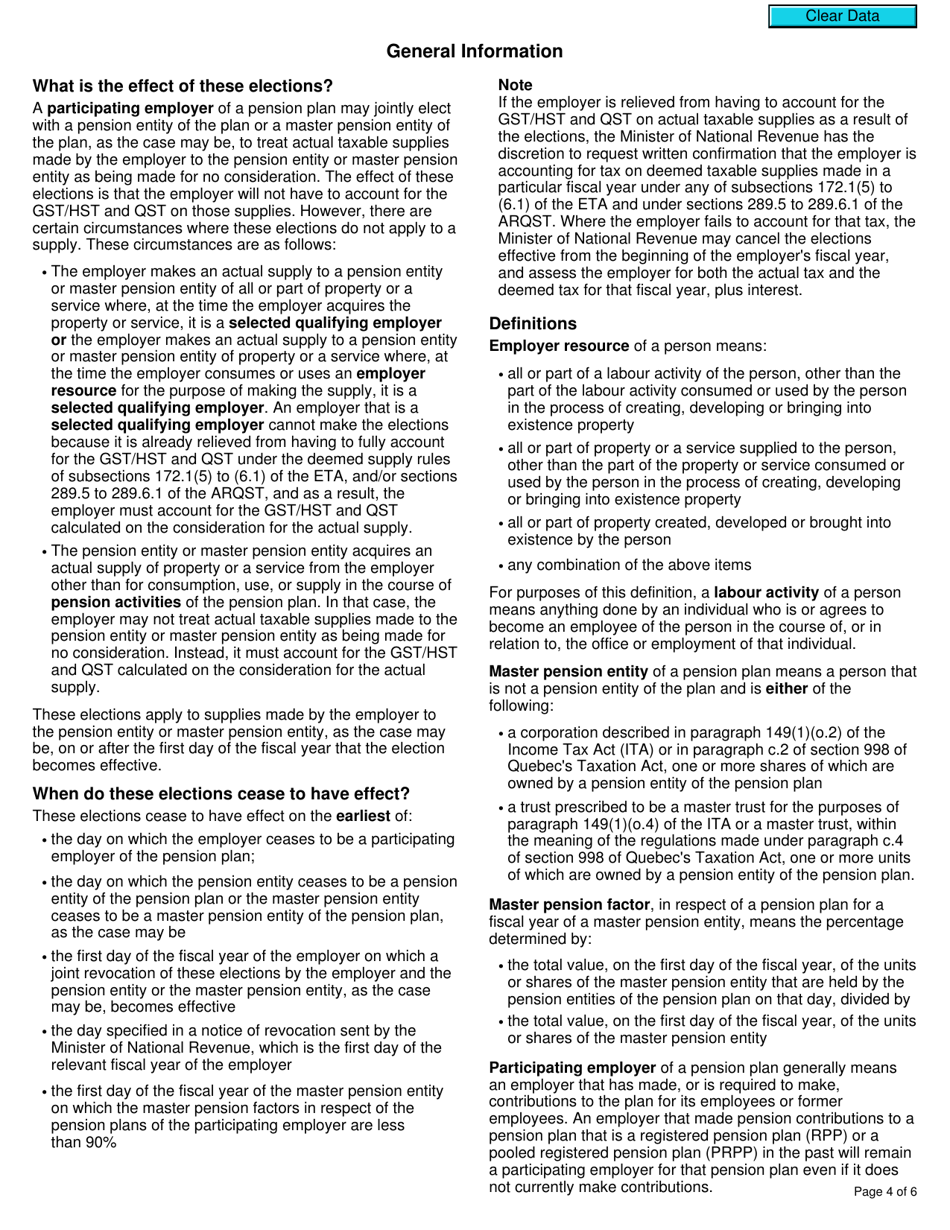 Form RC7215 Elections or Revocation of the Elections to Not Account for Gst / Hst and Qst on Actual Taxable Supplies for Participating Employers That Are Selected Listed Financial Institutions - Canada, Page 4