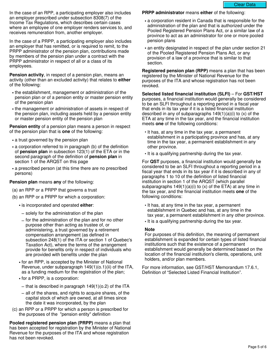 Form RC7215 Elections or Revocation of the Elections to Not Account for Gst / Hst and Qst on Actual Taxable Supplies for Participating Employers That Are Selected Listed Financial Institutions - Canada, Page 5