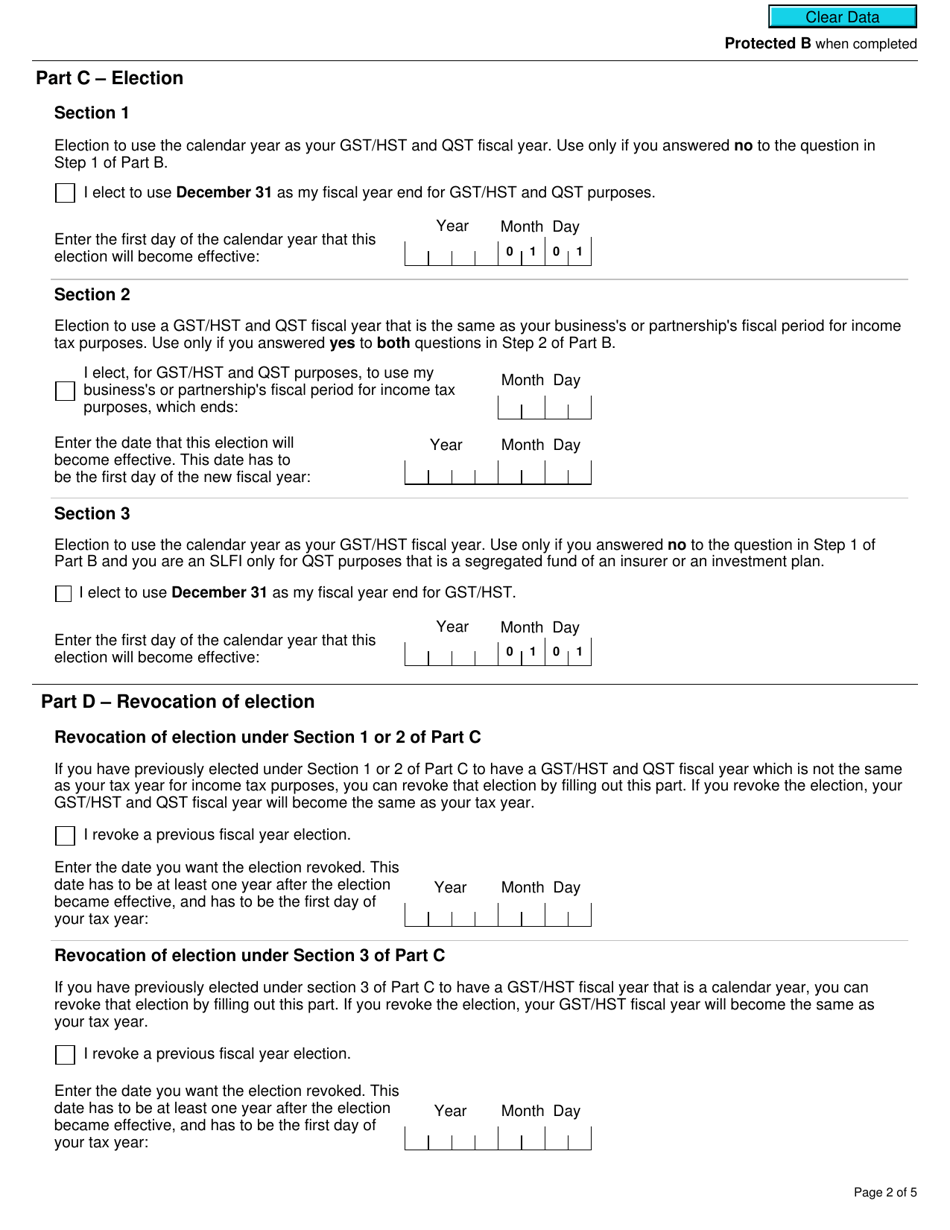 Form RC7270 Election or Revocation of an Election to Change a Gst / Hst and Qst Fiscal Year for Certain Selected Listed Financial Institutions - Canada, Page 2