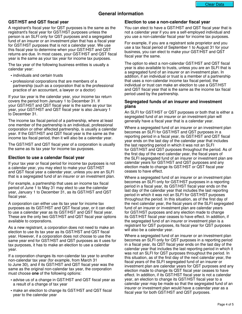Form RC7270 Election or Revocation of an Election to Change a Gst / Hst and Qst Fiscal Year for Certain Selected Listed Financial Institutions - Canada, Page 4