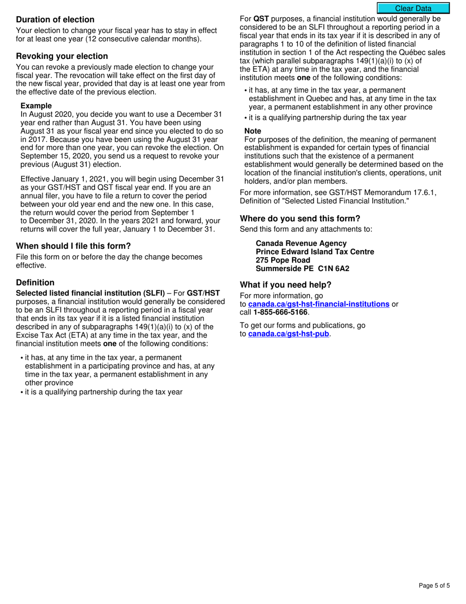 Form RC7270 Election or Revocation of an Election to Change a Gst / Hst and Qst Fiscal Year for Certain Selected Listed Financial Institutions - Canada, Page 5