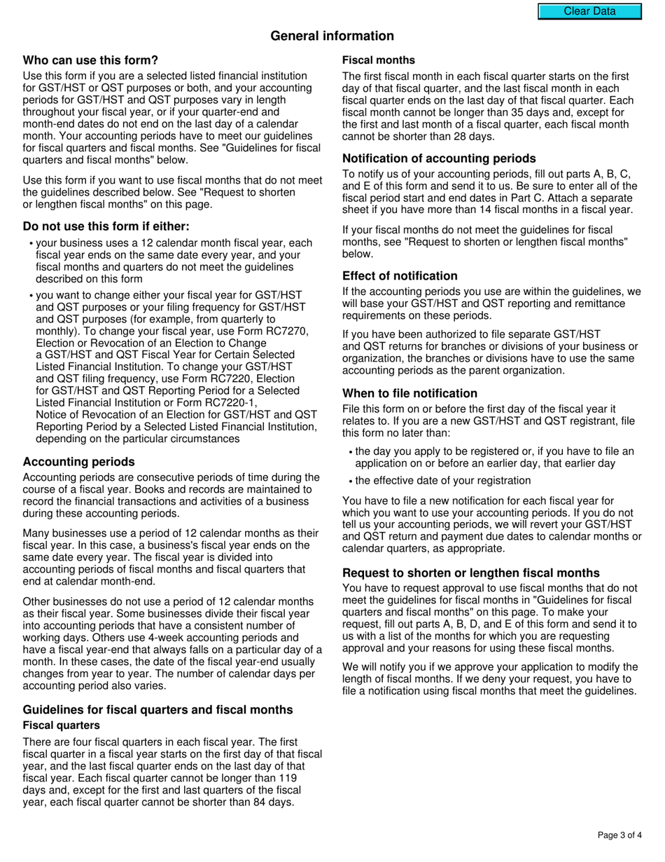 Form RC7271 Notification of Gst / Hst and Qst Accounting Periods for Certain Selected Listed Financial Institutions - Canada, Page 3