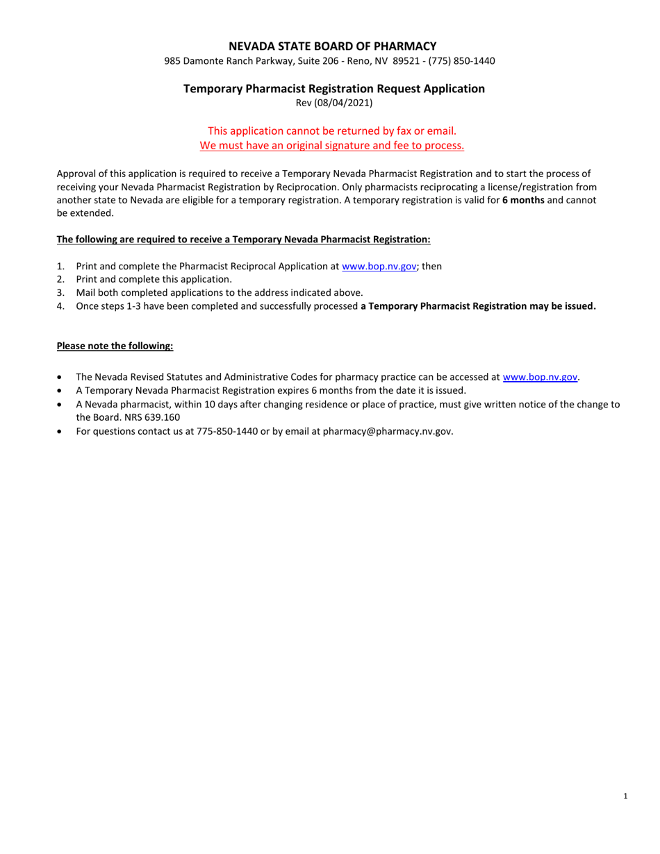 Temporary Pharmacist Registration Request Application - Nevada, Page 1