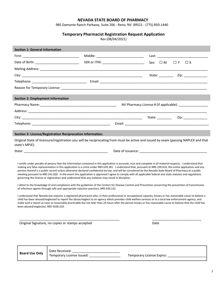 Nevada Temporary Pharmacist Registration Request Application - Fill Out ...