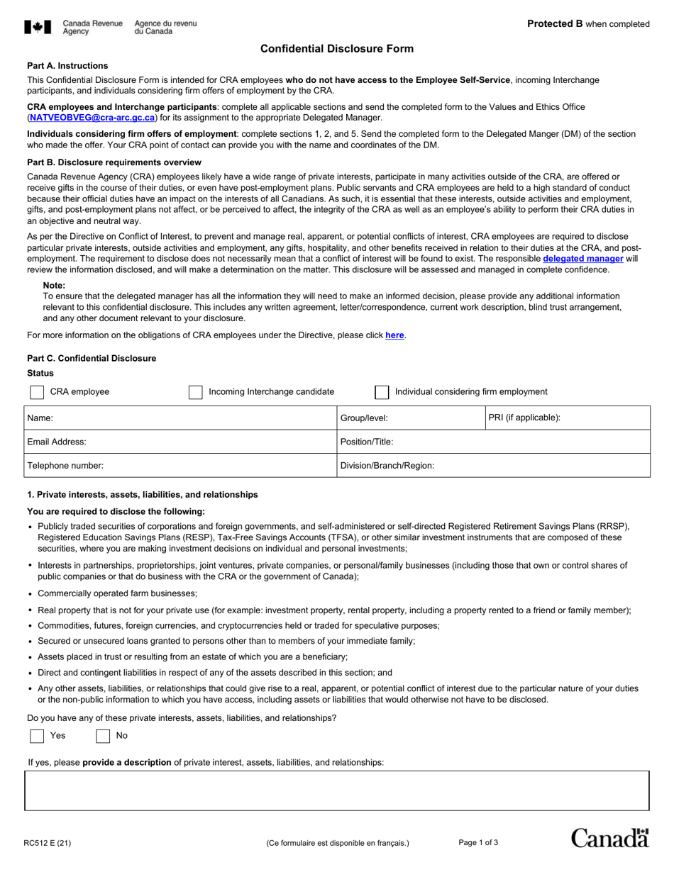 Form RC512 Confidential Disclosure Form - Canada, Page 1