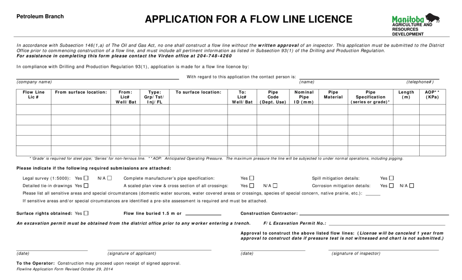 Application for a Flow Line Licence - Manitoba, Canada, Page 1