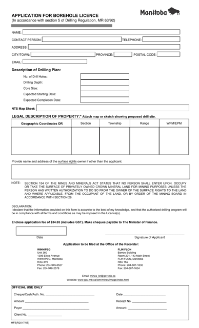 Form MF5 Application for Borehole Licence - Manitoba, Canada