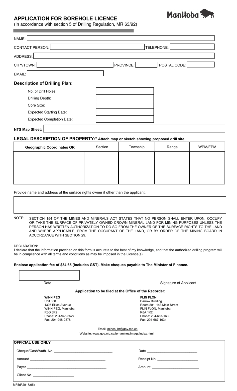 Form MF5 Application for Borehole Licence - Manitoba, Canada, Page 1