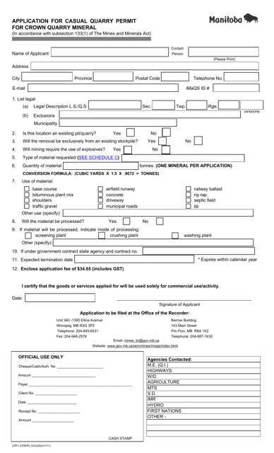 Form CPF-1 Application for Casual Quarry Permit for Crown Quarry Mineral - Manitoba, Canada