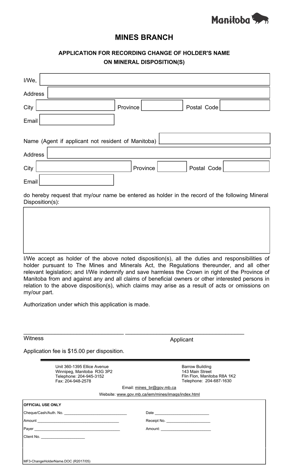 Form MF3 Application for Recording Change of Holders Name on Mineral Disposition(S) - Manitoba, Canada, Page 1